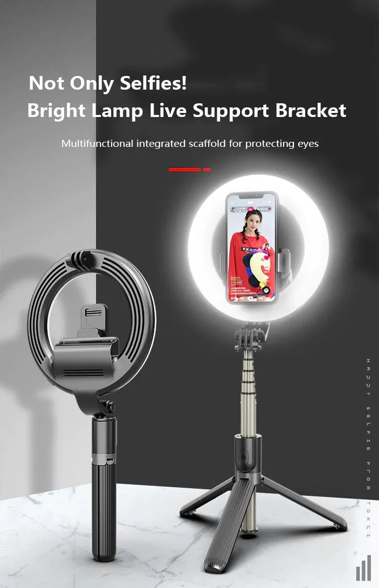Black aluminium alloy selfie stick tripod with 5-inch ring fill light holding a smartphone, extended to show pole height