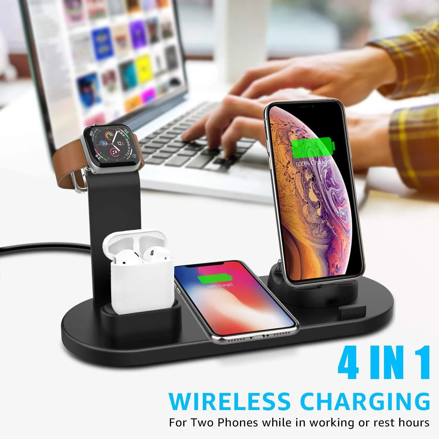 4 in 1 wireless charging stand for iPhone in black with LED indicator