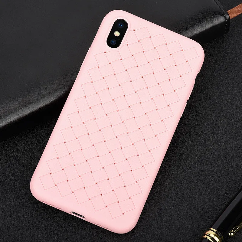 Black grid weave patterned TPU phone case for iPhone showing raised screen edge and precise camera cutout.