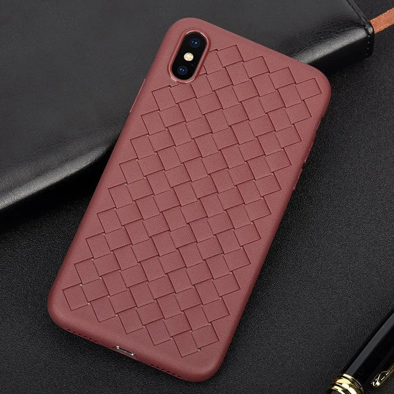 Black grid weave patterned TPU phone case for iPhone showing raised screen edge and precise camera cutout.
