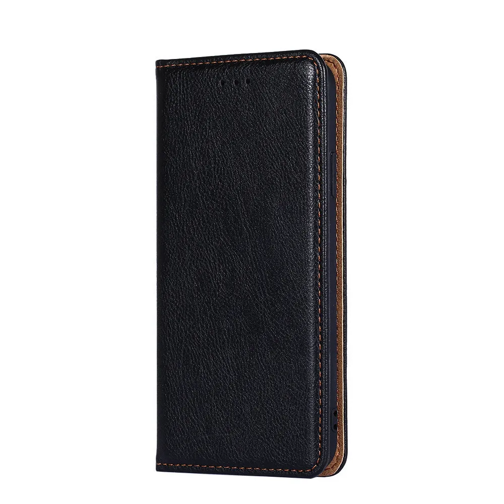 Pure color magnetic leather flip case for Samsung Galaxy with card slot and adjustable stand, classic black