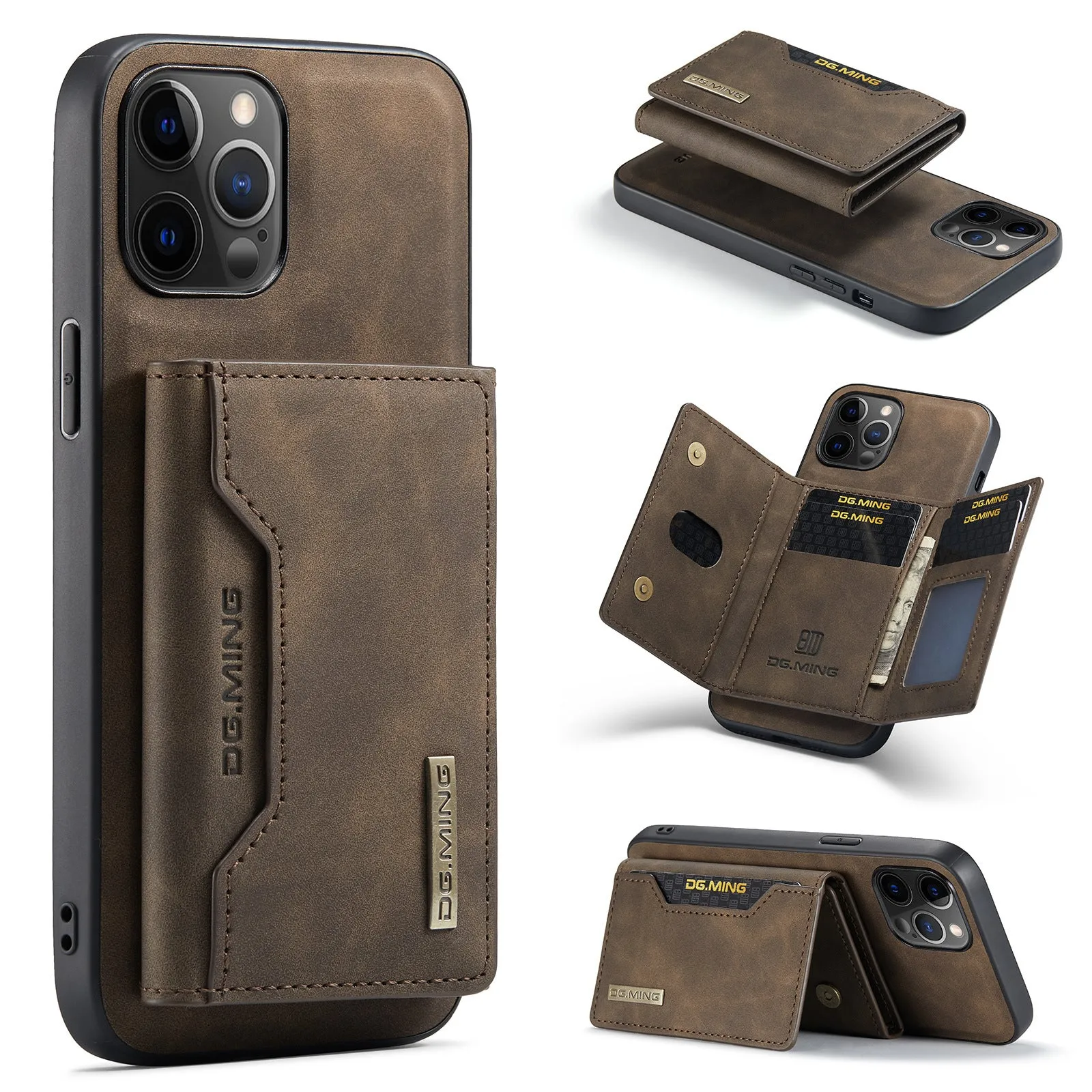 Magnetic multi function card holder phone case for iPhone in black, PU wallet style with split card slot