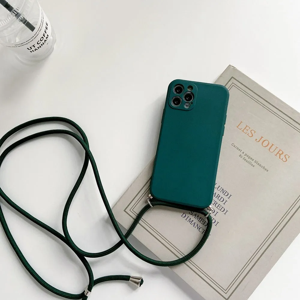 Liquid silicone phone case with crossbody lanyard for iPhone 13 Pro in black, showing rear cover and attached strap