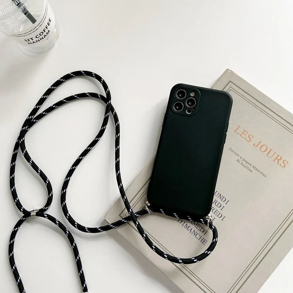 Liquid silicone phone case with crossbody lanyard for iPhone 13 Pro in black, showing rear cover and attached strap