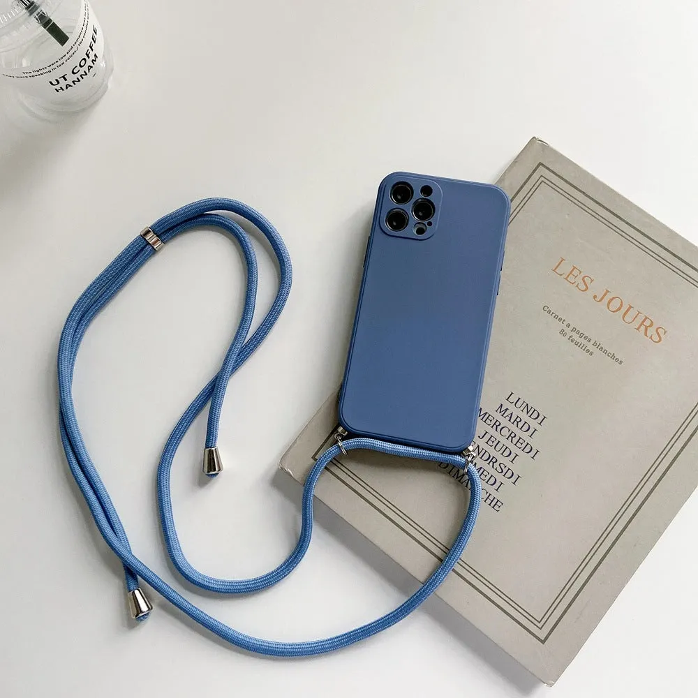Liquid silicone phone case with crossbody lanyard for iPhone 13 Pro in black, showing rear cover and attached strap