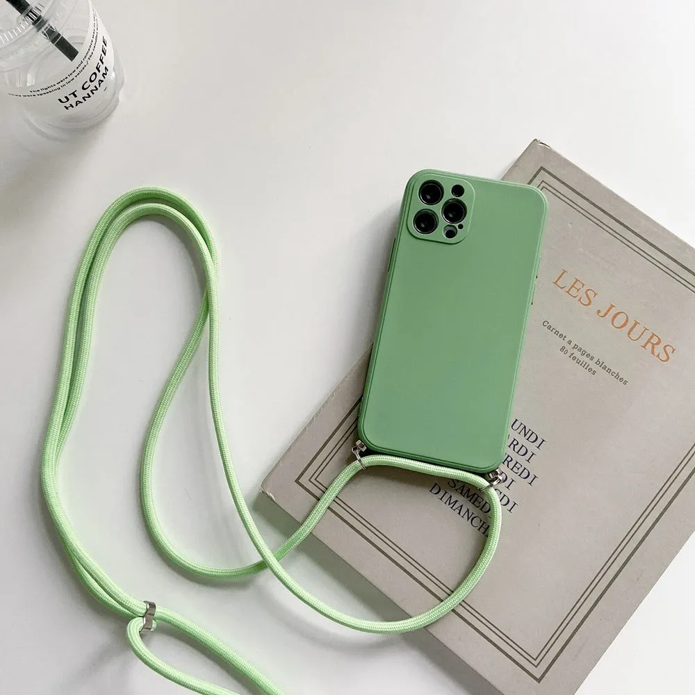 Liquid silicone phone case with crossbody lanyard for iPhone 13 Pro in black, showing rear cover and attached strap