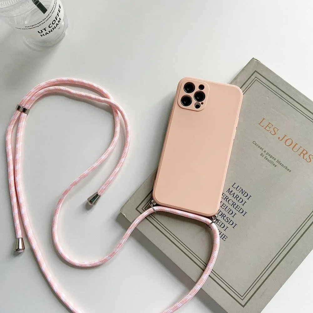 Liquid silicone phone case with crossbody lanyard for iPhone 13 Pro in black, showing rear cover and attached strap