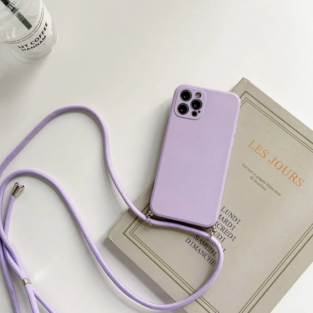 Liquid silicone phone case with crossbody lanyard for iPhone 13 Pro in black, showing rear cover and attached strap