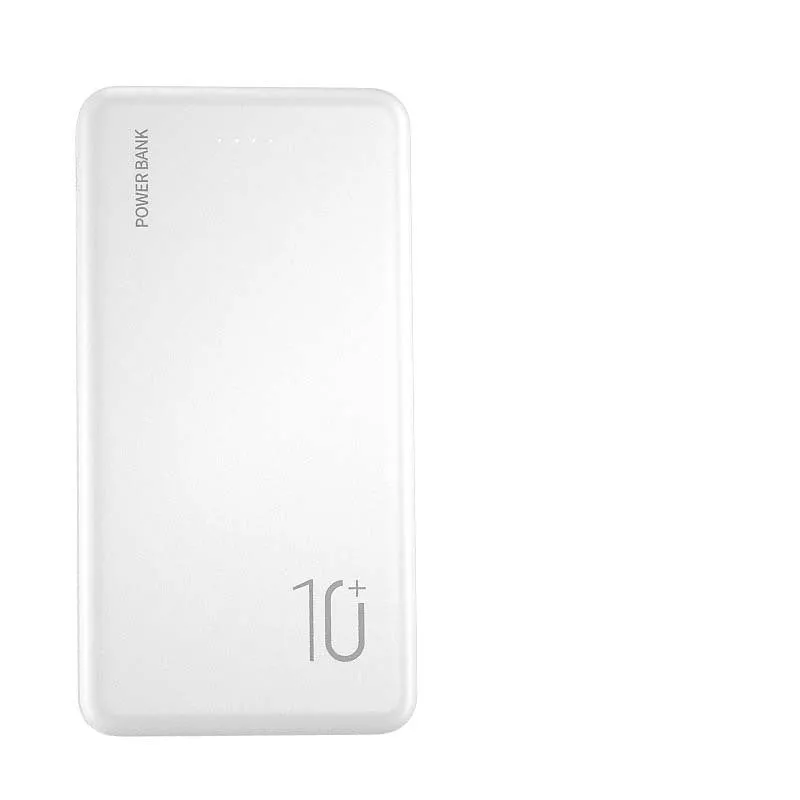 Ultra-thin 10000mAh power bank in black with multi-U port output on a white background