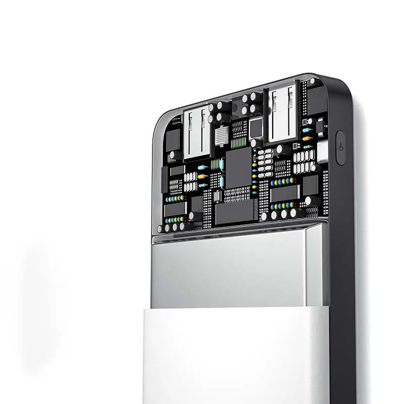 Ultra-thin 10000mAh power bank in black with multi-U port output on a white background
