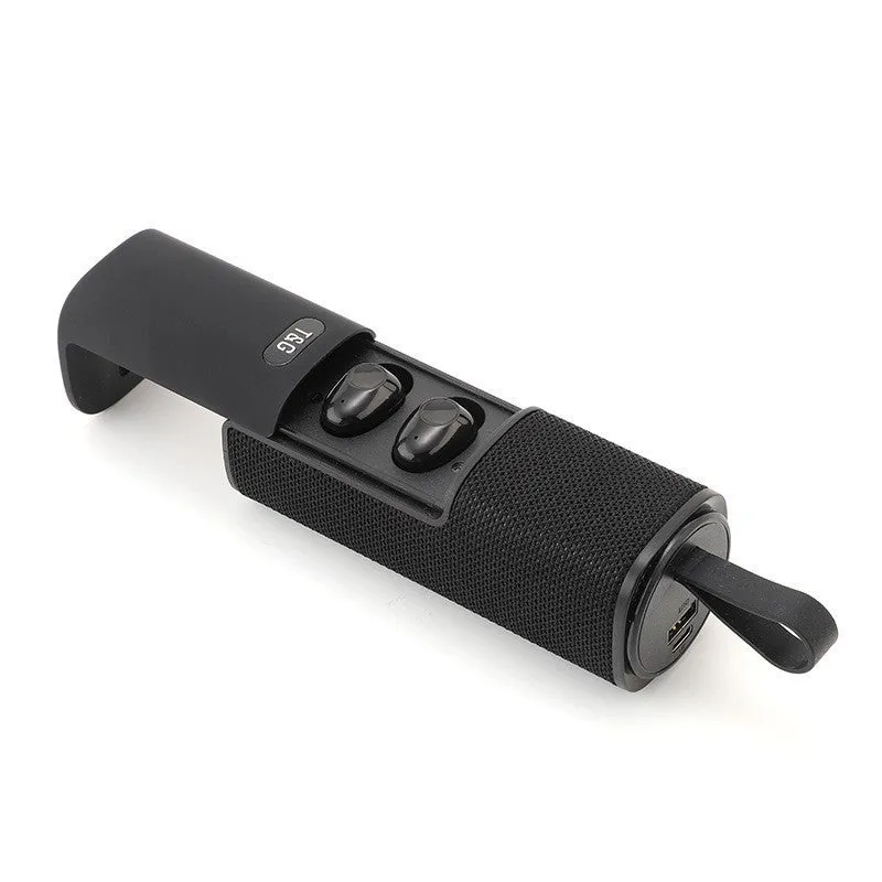 3-in-1 portable Bluetooth speaker headphone power bank in black cylindrical design with dual speakers and controls