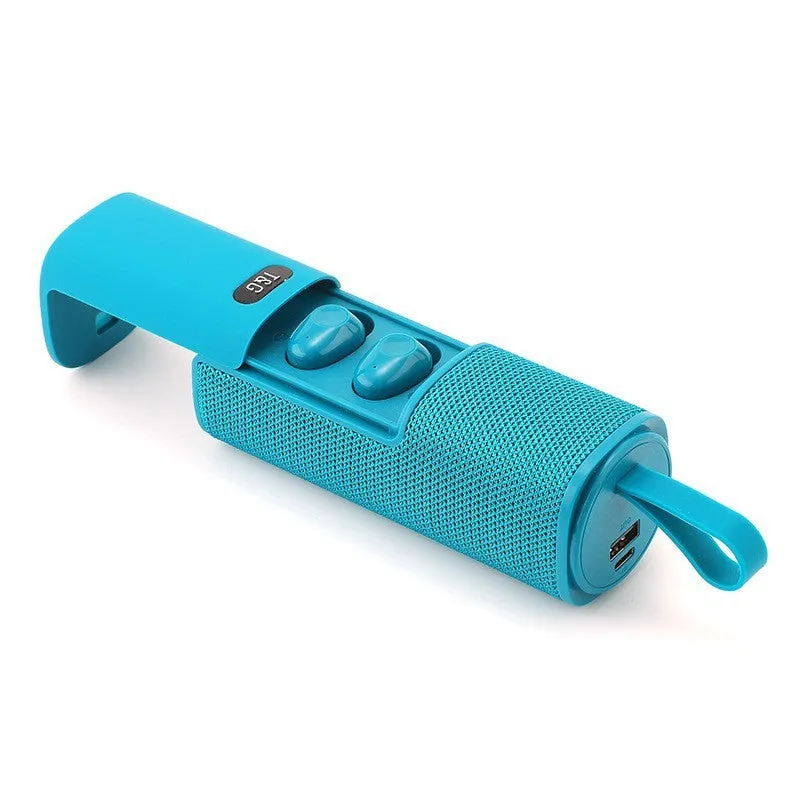 3-in-1 portable Bluetooth speaker headphone power bank in black cylindrical design with dual speakers and controls