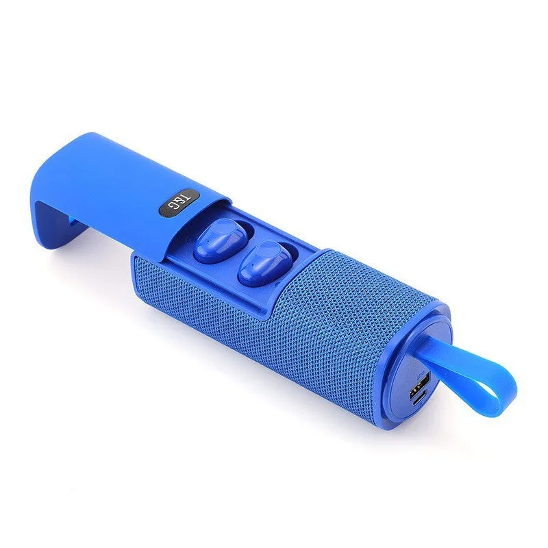 3-in-1 portable Bluetooth speaker headphone power bank in black cylindrical design with dual speakers and controls
