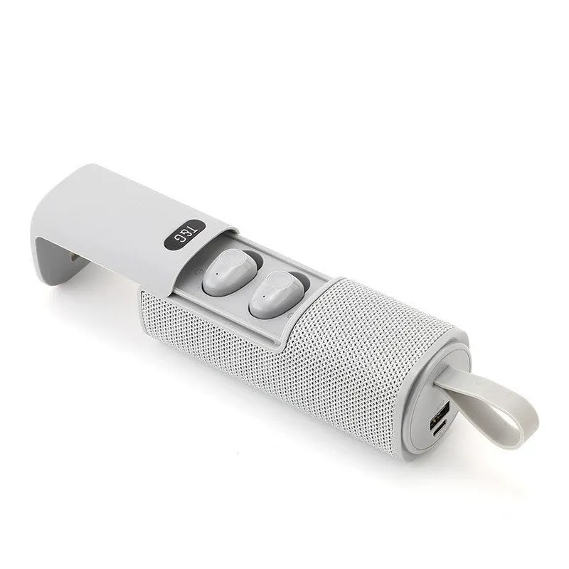 3-in-1 portable Bluetooth speaker headphone power bank in black cylindrical design with dual speakers and controls