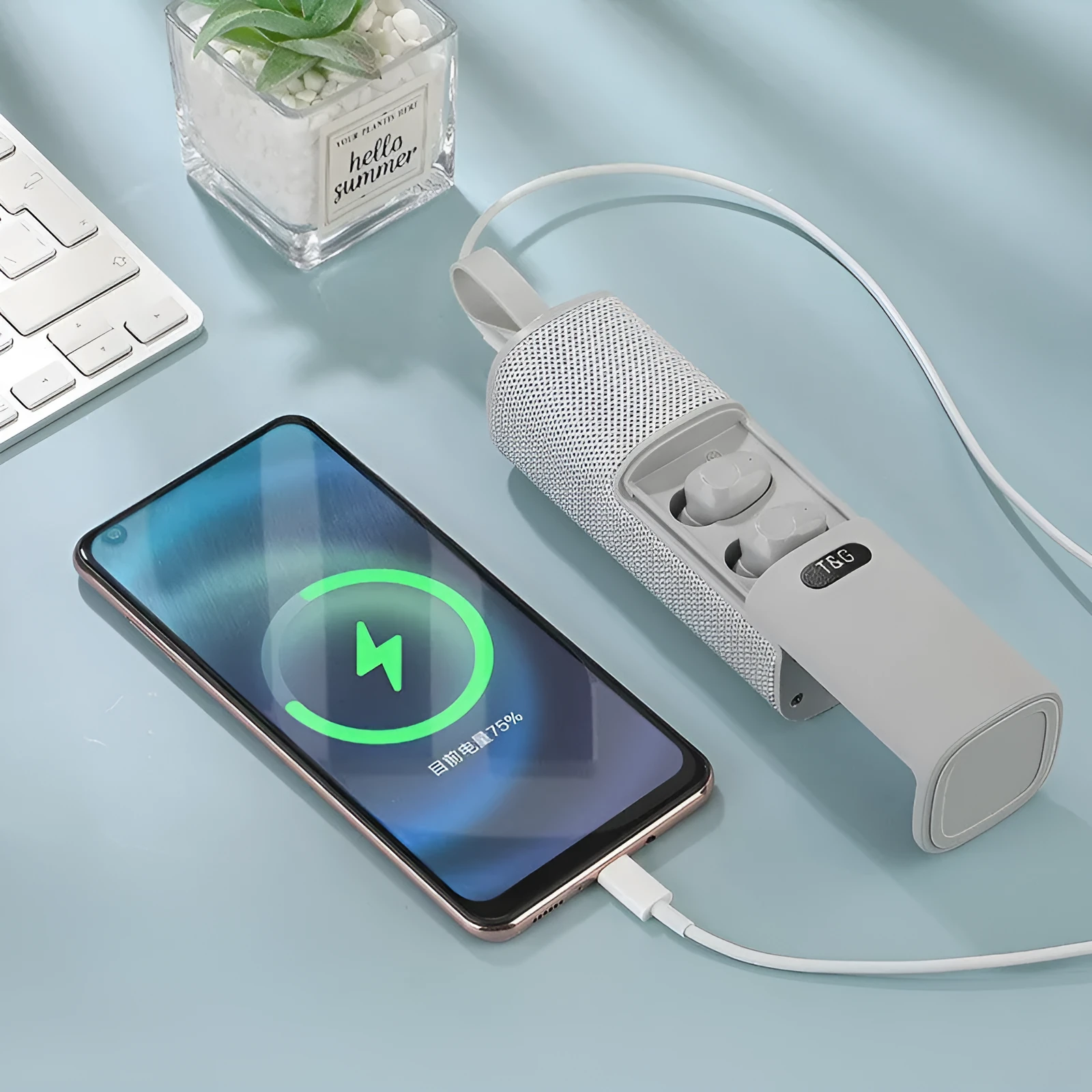 3-in-1 portable Bluetooth speaker headphone power bank in black cylindrical design with dual speakers and controls