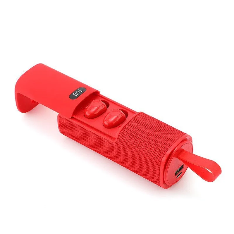 3-in-1 portable Bluetooth speaker headphone power bank in black cylindrical design with dual speakers and controls