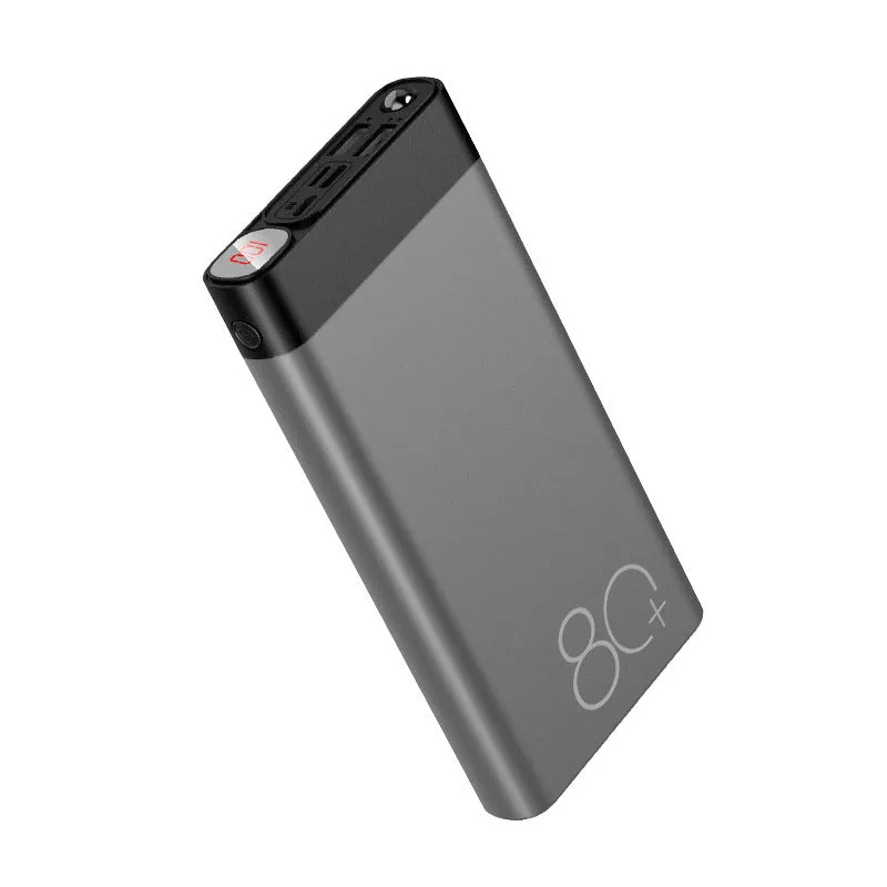 LCD display alloy shell power bank 10000mAh or 20000mAh in Black on a white background showing charge level
