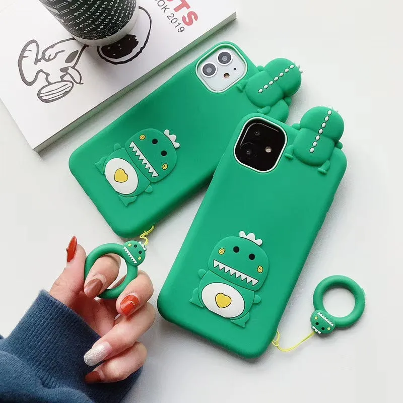 Green silicone iPhone case with a cartoon animal design on the back.
