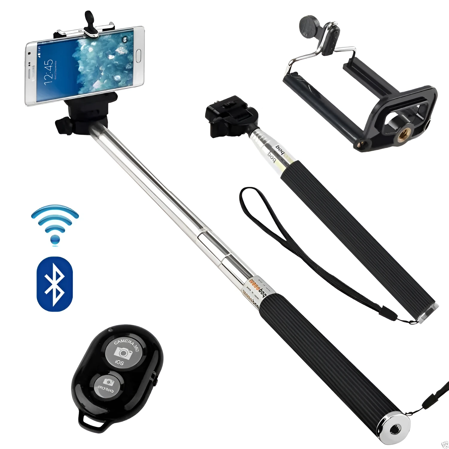 Black stainless steel 7-section telescopic selfie stick with Bluetooth remote and clip set for smartphone photography