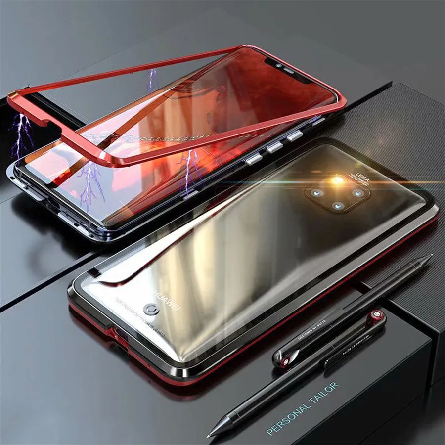 Black magnetic metal phone case with tempered glass back for Huawei P30 Pro showing precise port cuts.