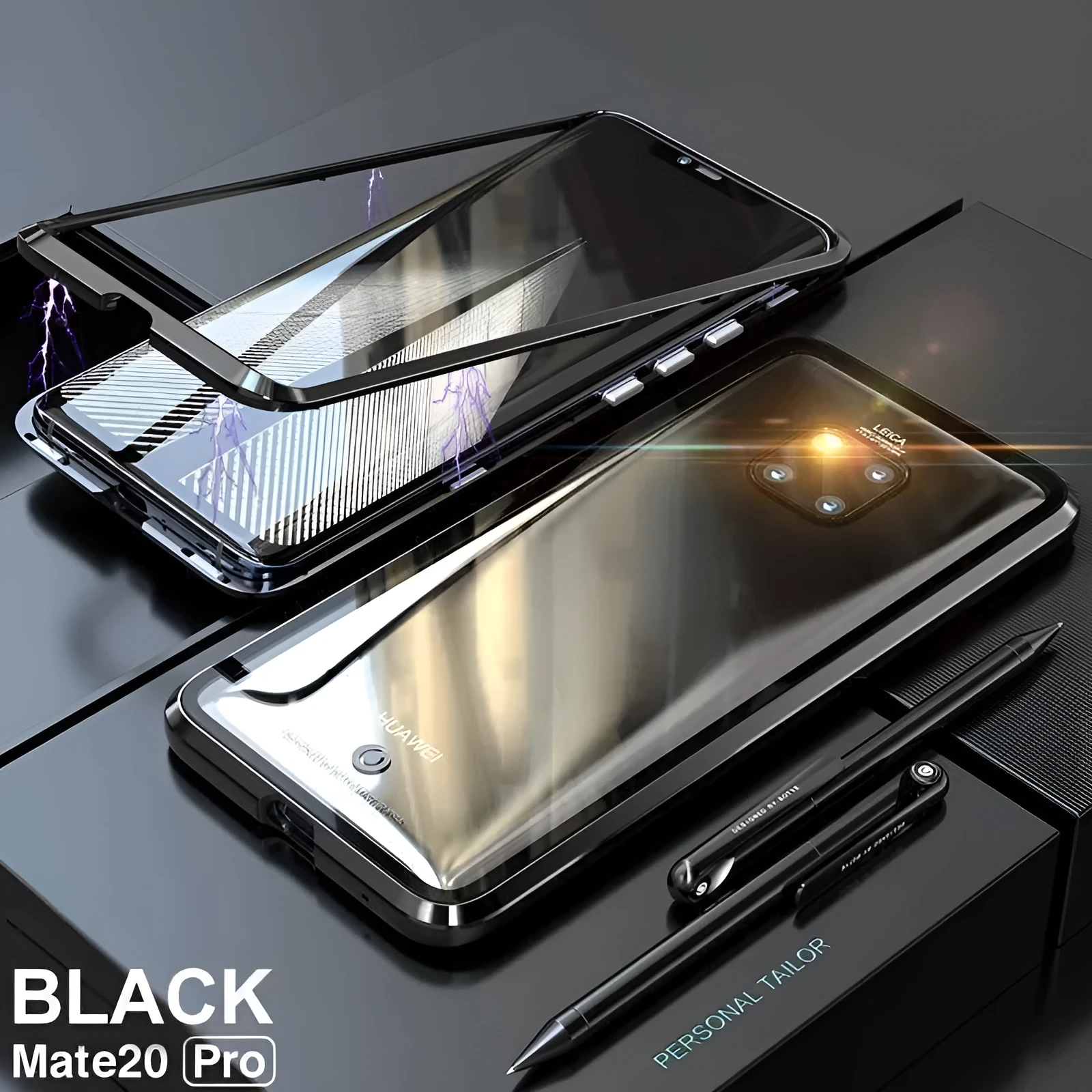 Black magnetic metal phone case with tempered glass back for Huawei P30 Pro showing precise port cuts.