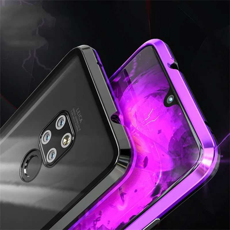 Black magnetic metal phone case with tempered glass back for Huawei P30 Pro showing precise port cuts.