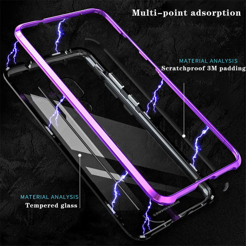 Black magnetic metal phone case with tempered glass back for Huawei P30 Pro showing precise port cuts.