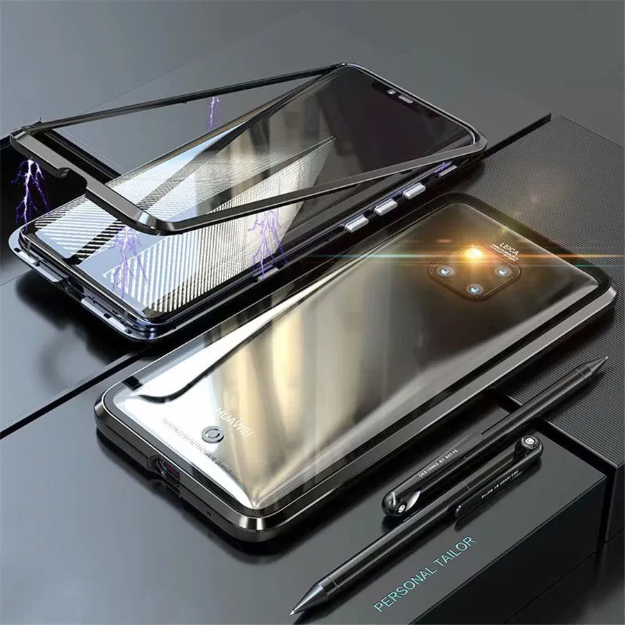Black magnetic metal phone case with tempered glass back for Huawei P30 Pro showing precise port cuts.