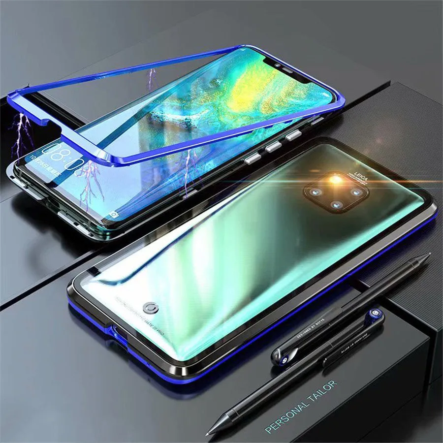 Black magnetic metal phone case with tempered glass back for Huawei P30 Pro showing precise port cuts.