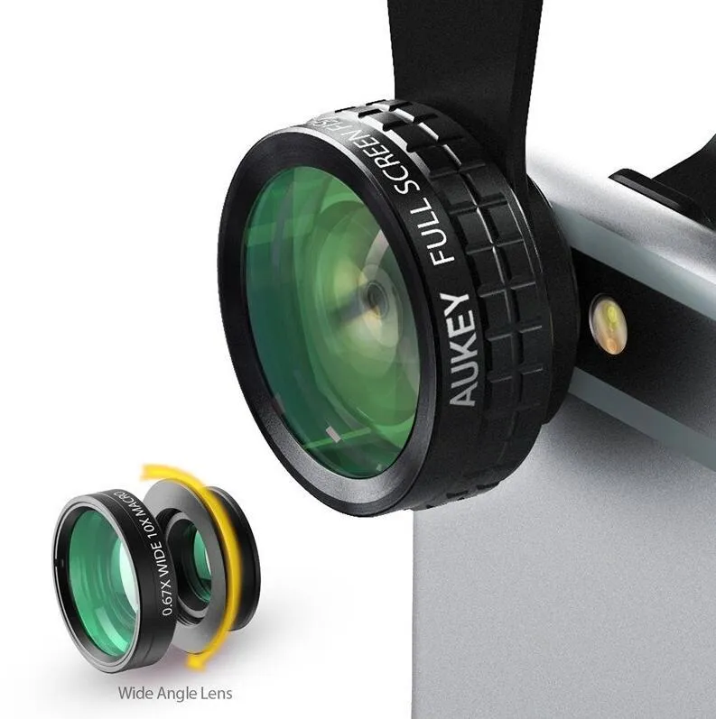 Aukey PL-A1 three-in-one camera lens set including fisheye, wide angle, and macro lenses with carrying case