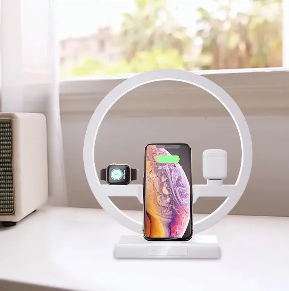 3 in 1 wireless fast charger for 1Phone X XR with LED light showing smartphone and Airpods charging
