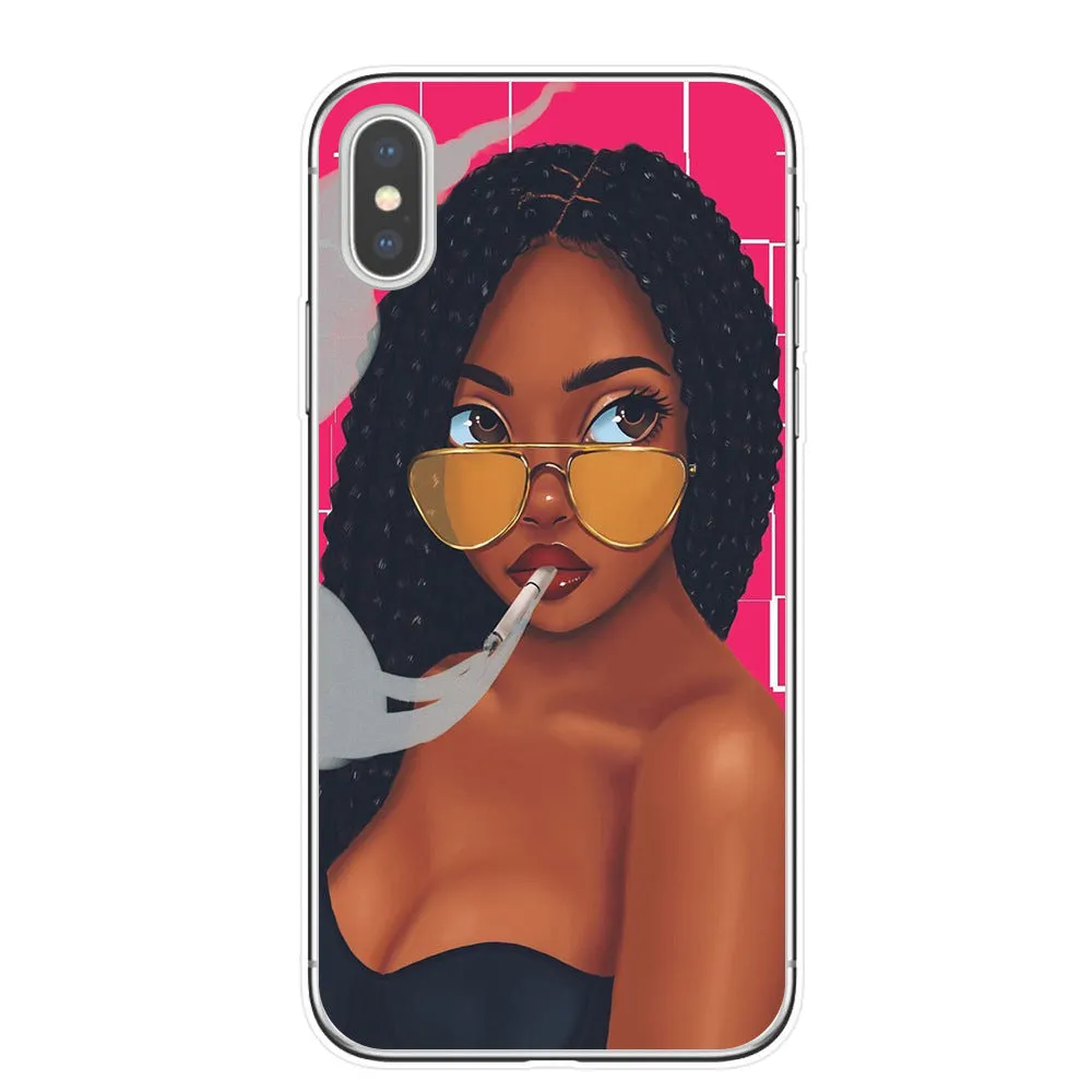 Hand drawn girl girl phone case soft TPU cover for iPhone showing colourful artwork and cutouts