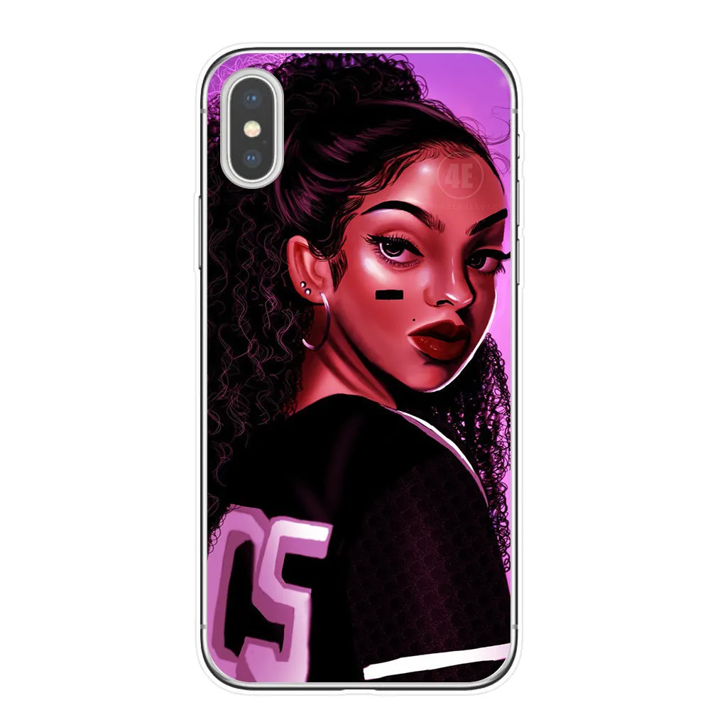 Hand drawn girl girl phone case soft TPU cover for iPhone showing colourful artwork and cutouts
