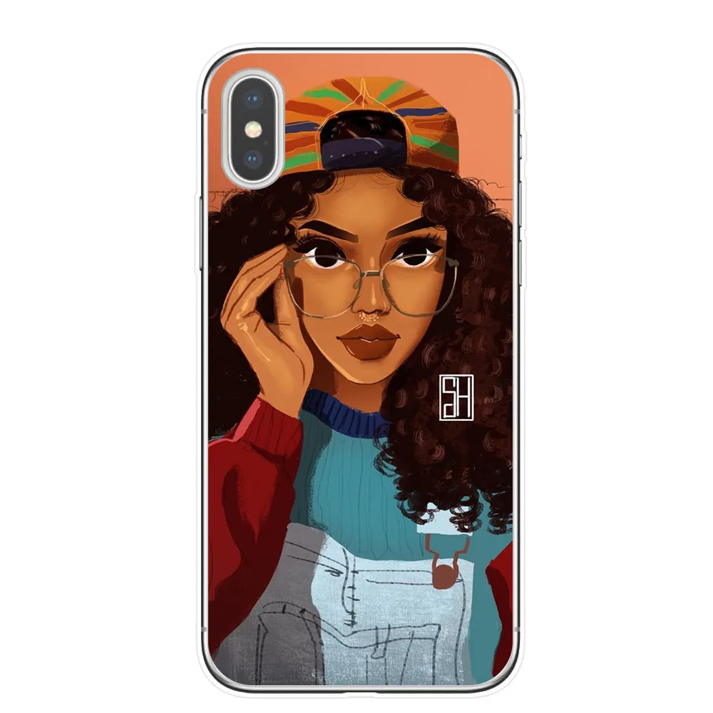 Hand drawn girl girl phone case soft TPU cover for iPhone showing colourful artwork and cutouts