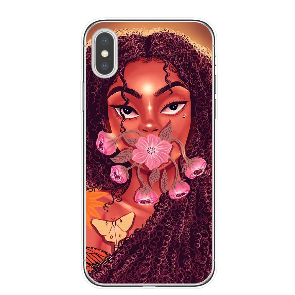 Hand drawn girl girl phone case soft TPU cover for iPhone showing colourful artwork and cutouts