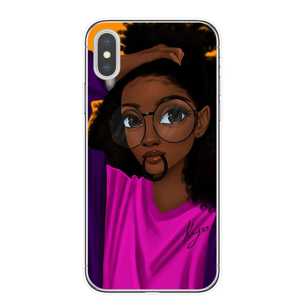 Hand drawn girl girl phone case soft TPU cover for iPhone showing colourful artwork and cutouts