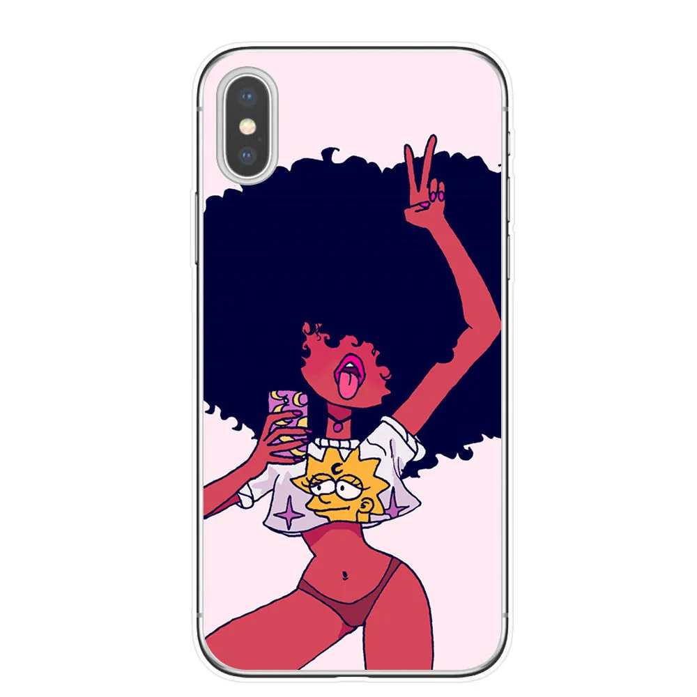 Hand drawn girl girl phone case soft TPU cover for iPhone showing colourful artwork and cutouts