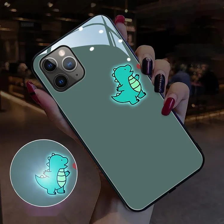 Dinosaur smart luminous tempered glass phone case for Apple iPhone with voice control light in black and blue