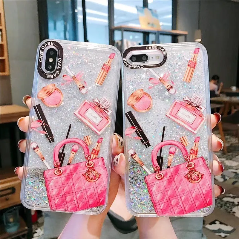 Pink cosmetic liquid quicksand phone case for iPhone XR with dynamic glitter effect