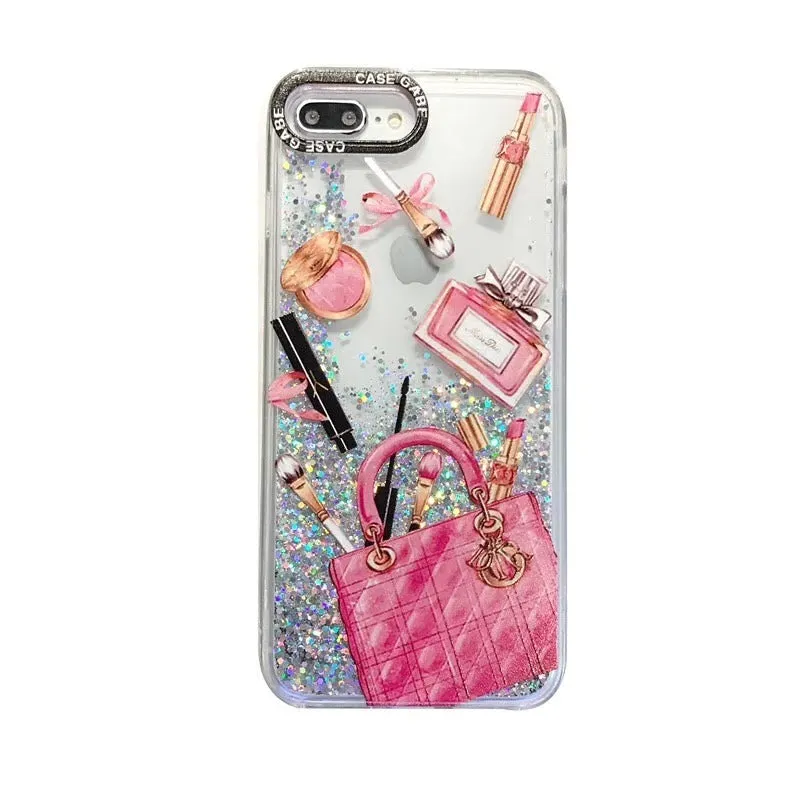 Pink cosmetic liquid quicksand phone case for iPhone XR with dynamic glitter effect