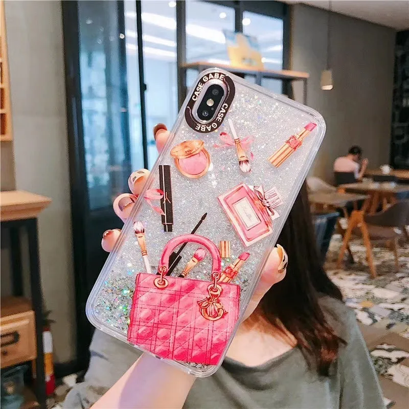 Pink cosmetic liquid quicksand phone case for iPhone XR with dynamic glitter effect