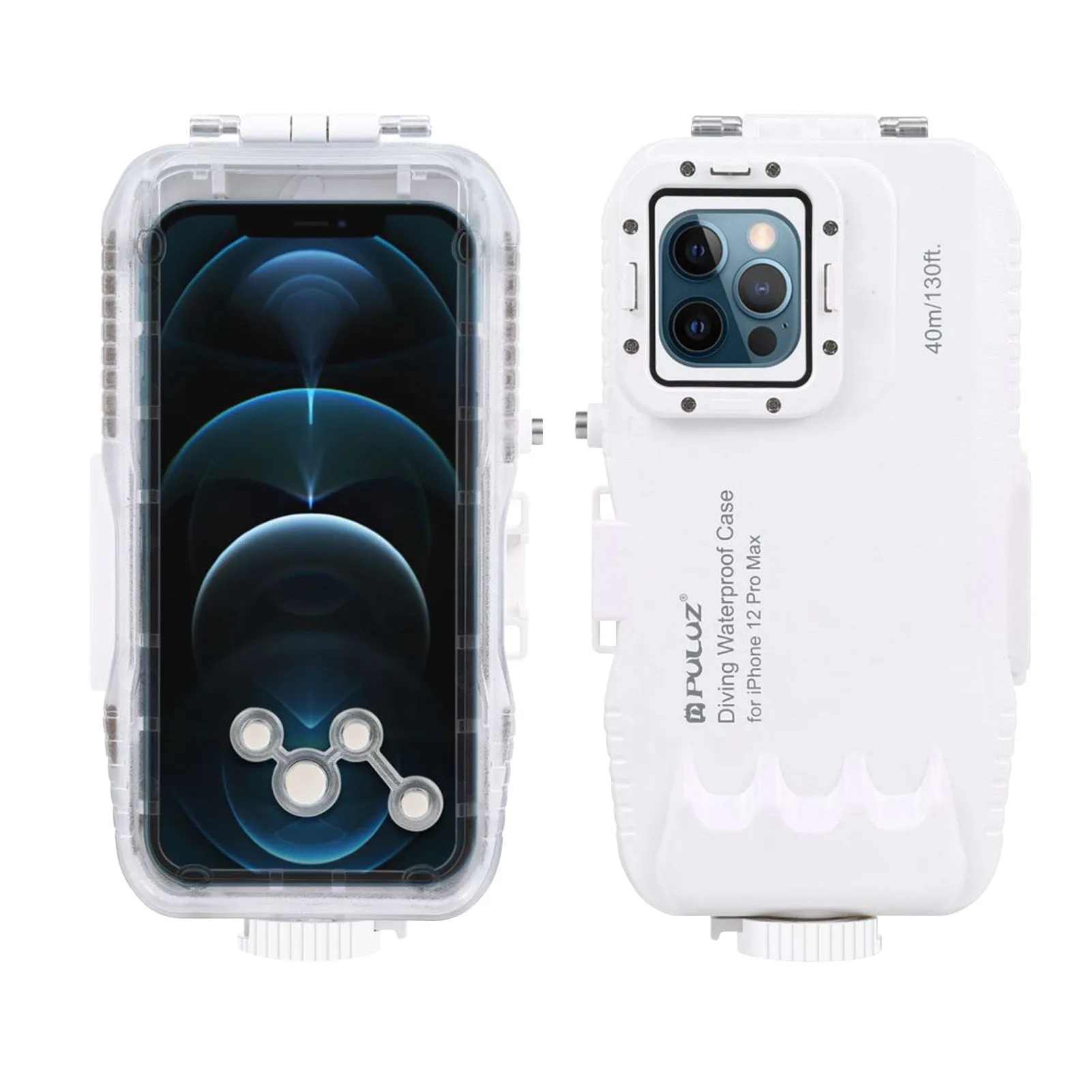 White waterproof diving phone case with 40 metre depth rating for iPhone 12 and 13 series