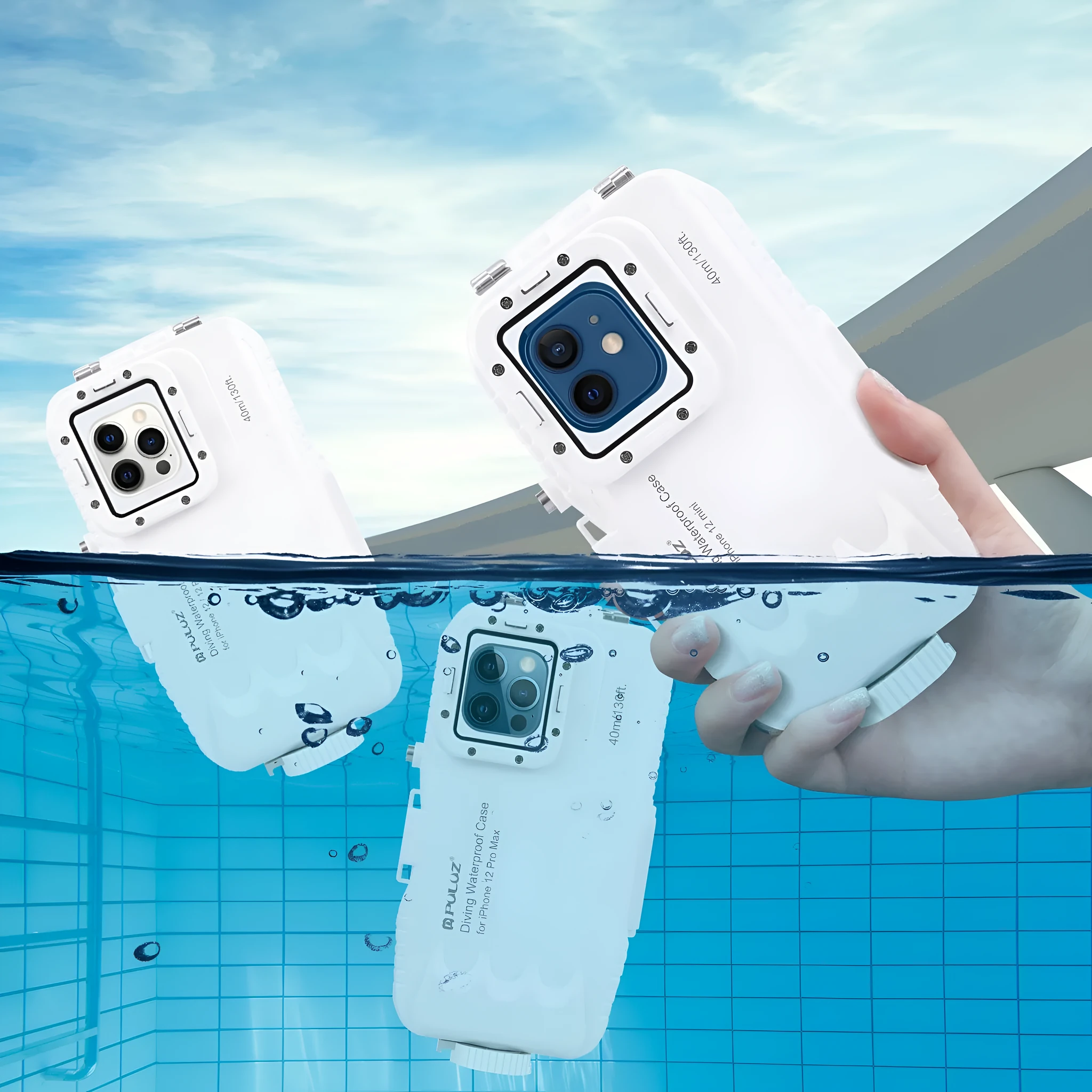 White waterproof diving phone case with 40 metre depth rating for iPhone 12 and 13 series