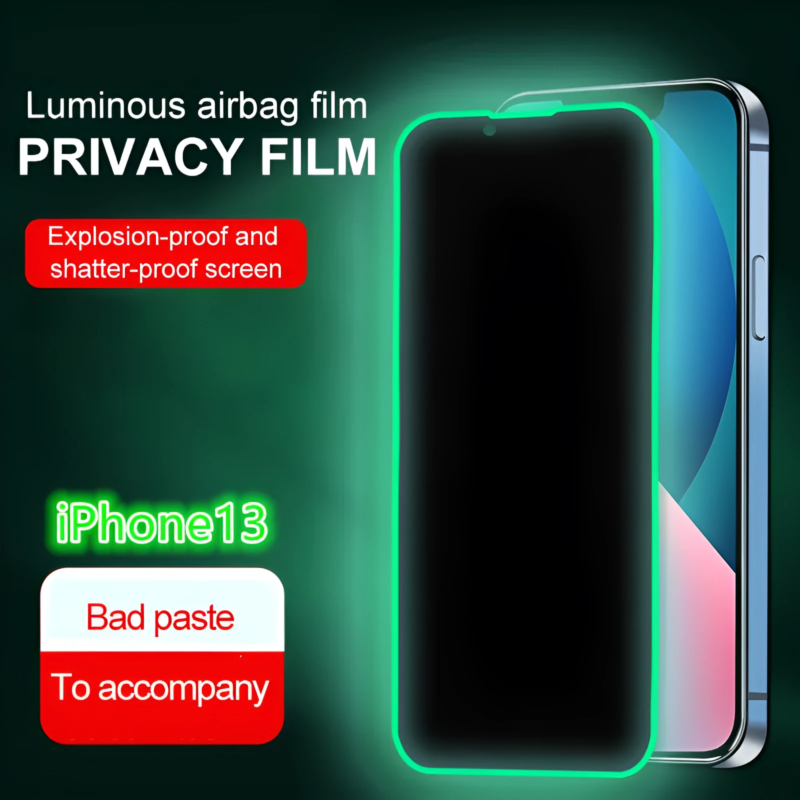 Luminous privacy tempered glass screen protector for iPhone, anti-peeping full coverage airbag edge