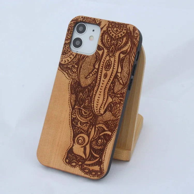 Wooden mobile phone case with TPU bumper and elephant design for Apple iPhone