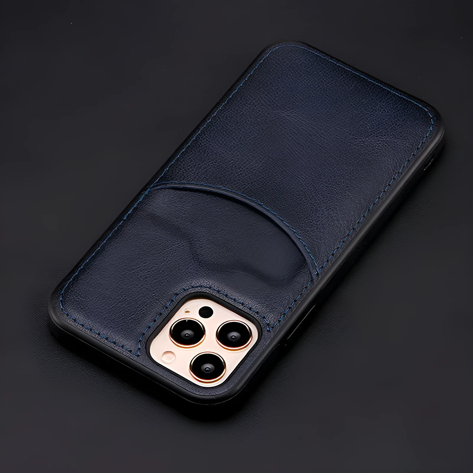 Dark blue PU leather protective case for iPhone, shown fitting multiple models.