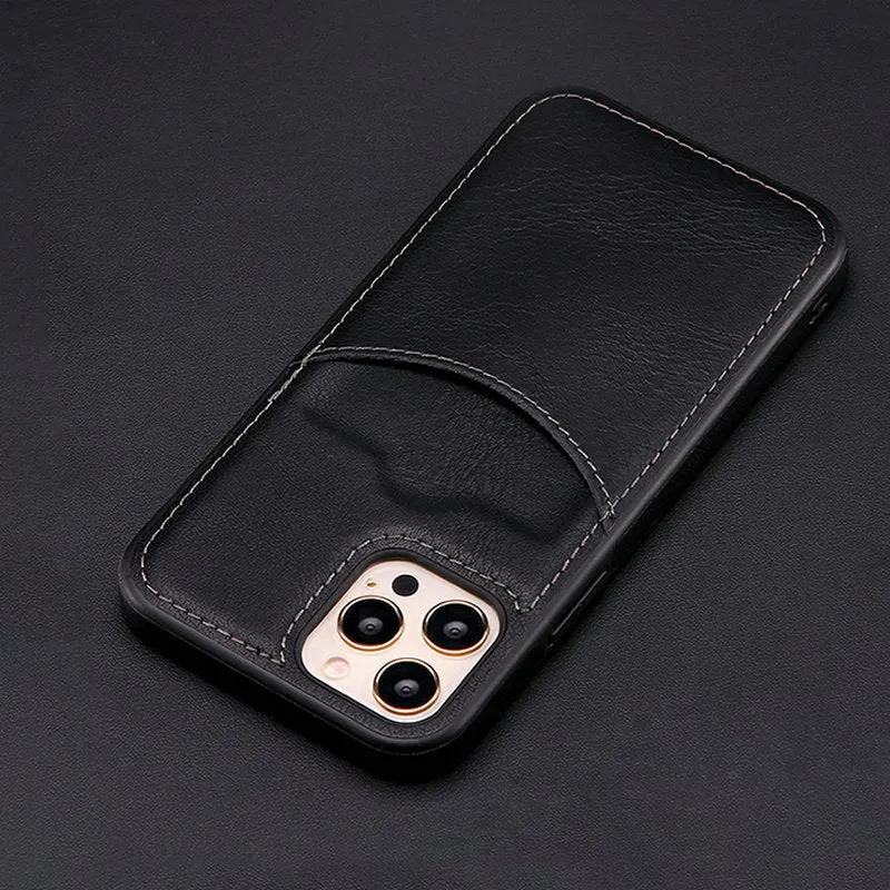 Dark blue PU leather protective case for iPhone, shown fitting multiple models.