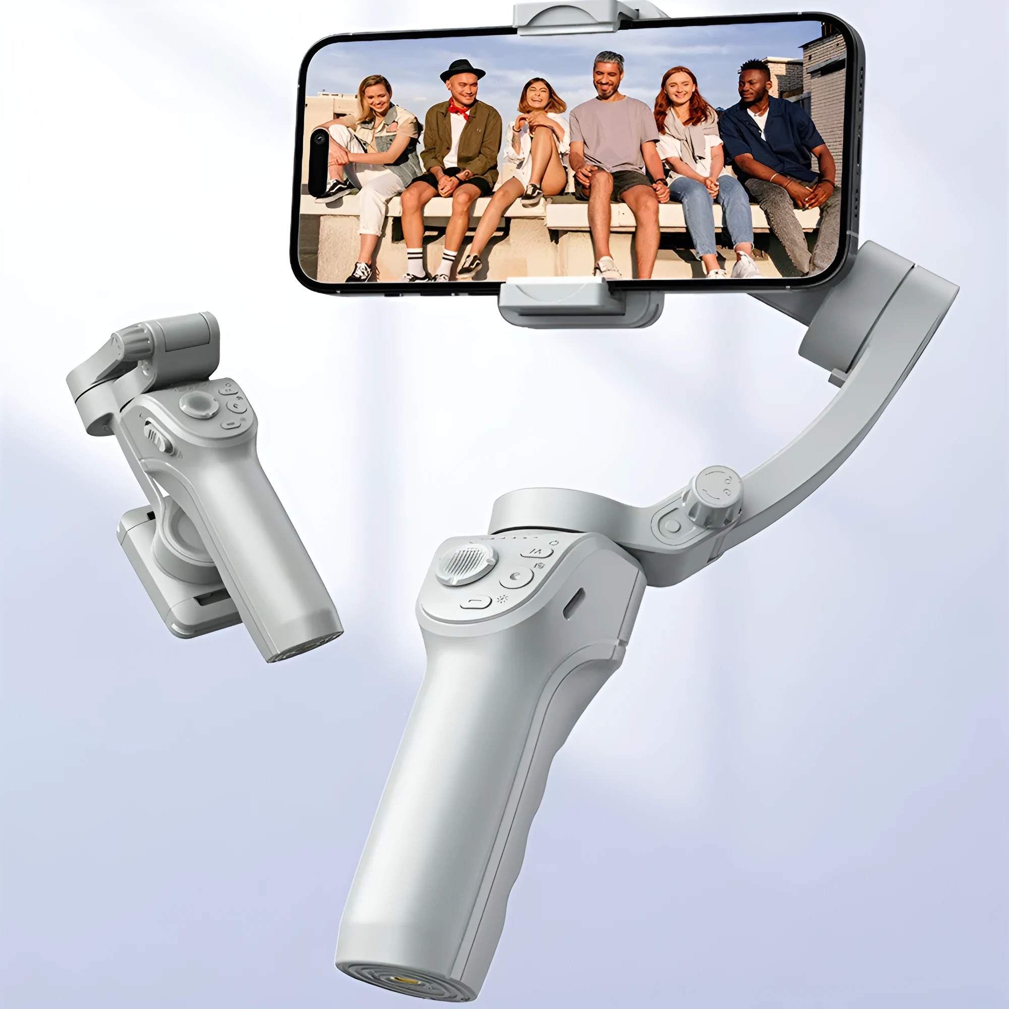 Hand-held three-axis anti-shake stabilizer with AI face tracking and fill light in gray ABS construction