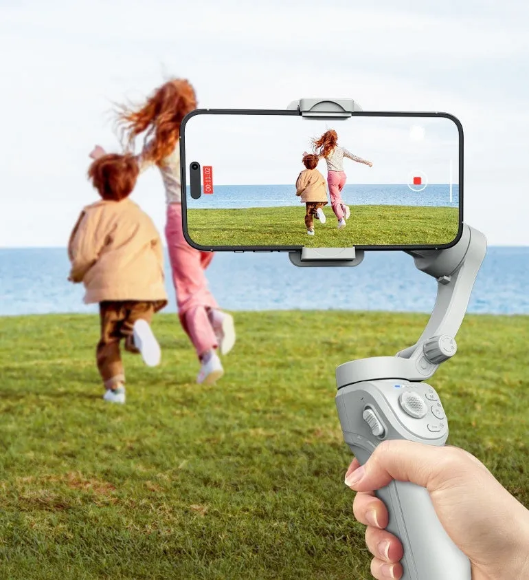 Hand-held three-axis anti-shake stabilizer with AI face tracking and fill light in gray ABS construction