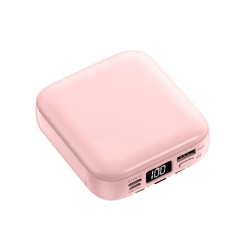 Beauty mirror power bank with cable in cherry blossom pink, compact size 84x78x33mm